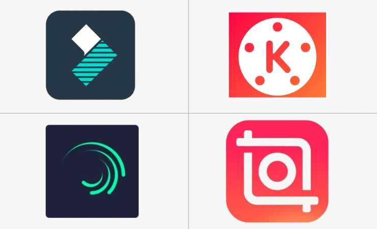 CapCut alternatives - FilmoraGo, KineMaster, Alight Motion, InShot app logos