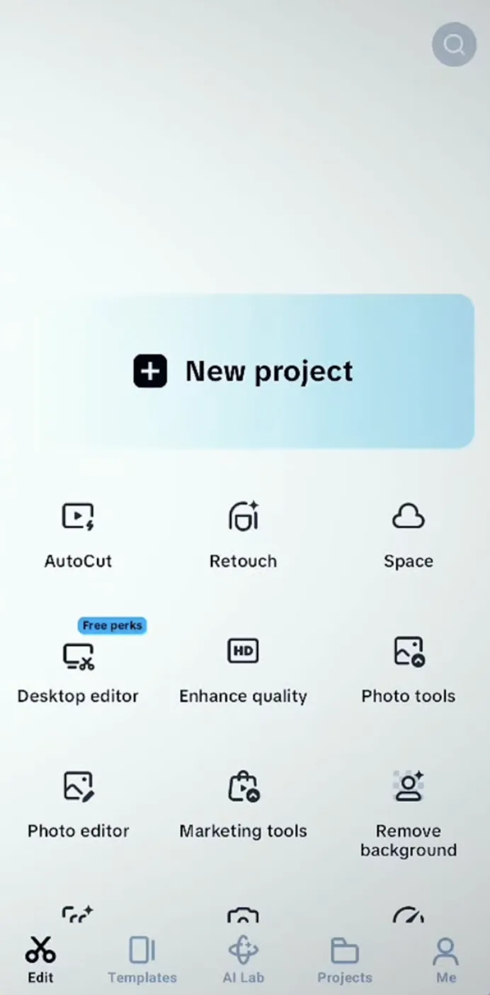CapCut App Interface showing New Project, AutoCut, Retouch, and editing tools