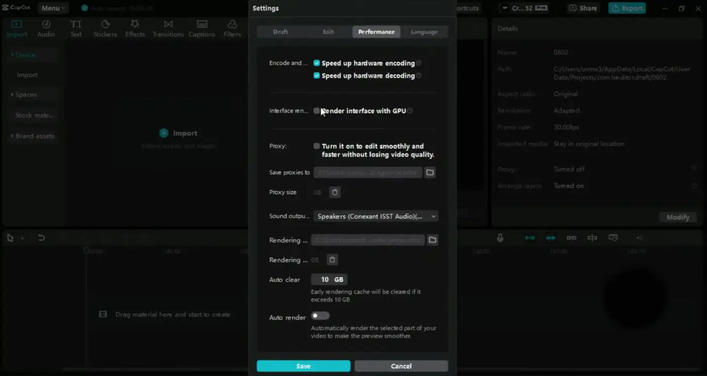 CapCut Desktop Settings showing Performance tab with hardware encoding and decoding options