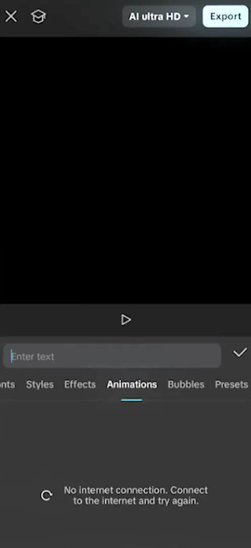 CapCut showing No internet connection error message in editing interface