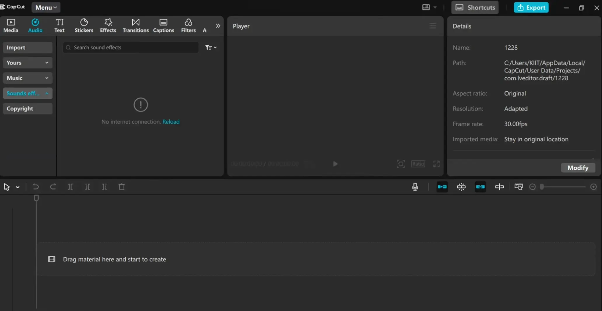 CapCut desktop showing No internet connection Reload error in audio panel
