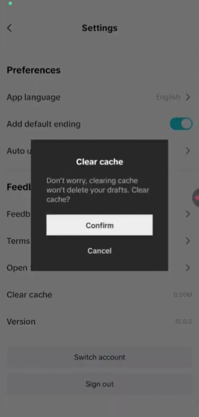 CapCut Settings showing Clear cache confirmation dialog on mobile